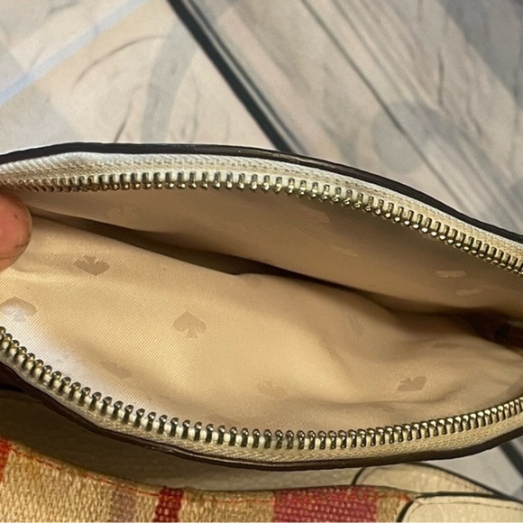 Kate ♠️ Spade White Pebbled Leather Backpack w/ pink, orange, brown fabric front - Picture 9 of 16